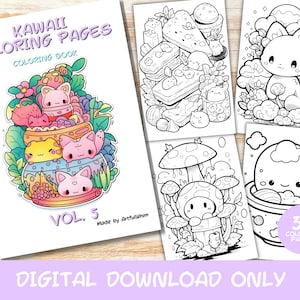 May include: A digital download coloring book with 30 pages featuring cute kawaii illustrations. The cover features a colorful illustration of cats in a pot with flowers and strawberries. The title of the book is "Kawaii Coloring Pages Coloring Book Vol. 5 Made by ArtfulWhim".
