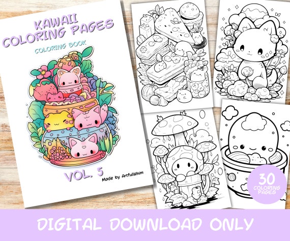 30 Kawaii Coloring Pages Volume 5, Kids, Adults, Instant Download Grayscale Coloring Page, Printable PDF, Cute kawaii, Digital Download