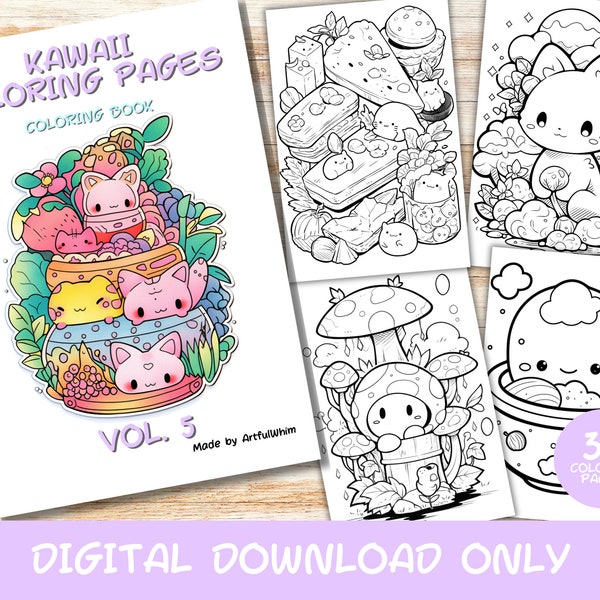 30 Kawaii Coloring Pages Volume 5, Kids, Adults, Instant Download Grayscale Coloring Page, Printable PDF, Cute kawaii, Digital Download