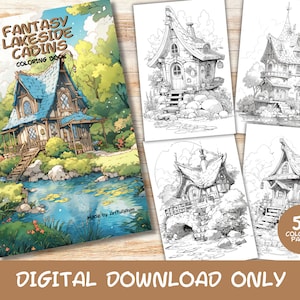 50 Fantasy Lakeside Cabins Coloring Pages Book, Kids, Adults, Instant Download Grayscale Coloring Page, Printable PDF, Cottages, Homes