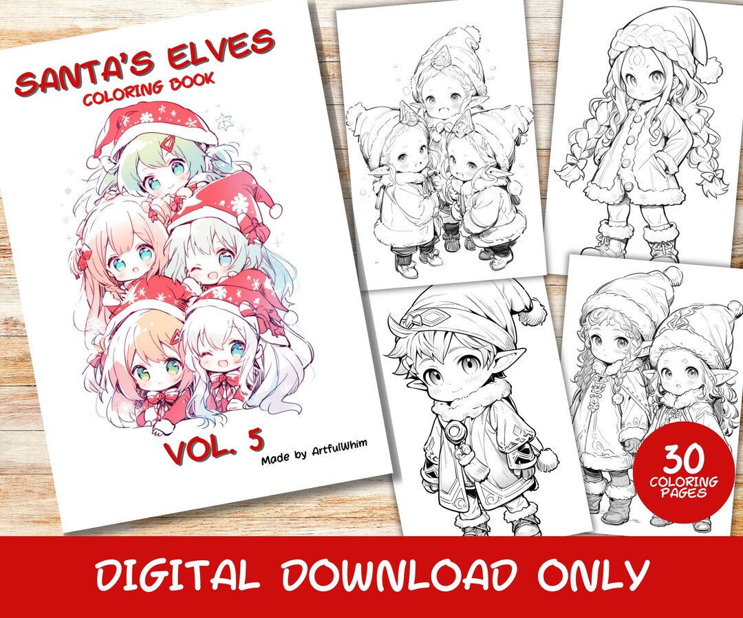 30 Santa's Elves Volume 5 Coloring Pages Book, Kids, Instant Download