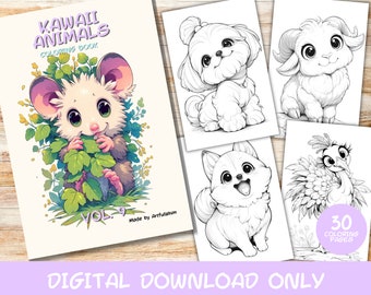 May include: Kawaii Animals Coloring Book Vol. 9, a digital download featuring 30 coloring pages of cute animals. The cover features a cartoon possum with big eyes and a sweet smile, surrounded by green leaves.