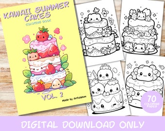 70 Kawaii Summer Cakes Volumen 2 Libro de páginas para colorear, Niños, Adultos, Descarga instantánea de página para colorear en escala de grises, PDF imprimible, Verano, Postres