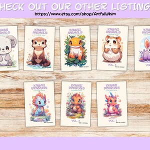 May include: A collection of coloring book covers featuring kawaii animals and dragons. The covers are illustrated with colorful cartoon animals and dragons, including a koala, otter, frog, hamster, bunny, and dragons. The covers are labeled with the title "Kawaii Animals" and "Kawaii Dragons" and the volume number.