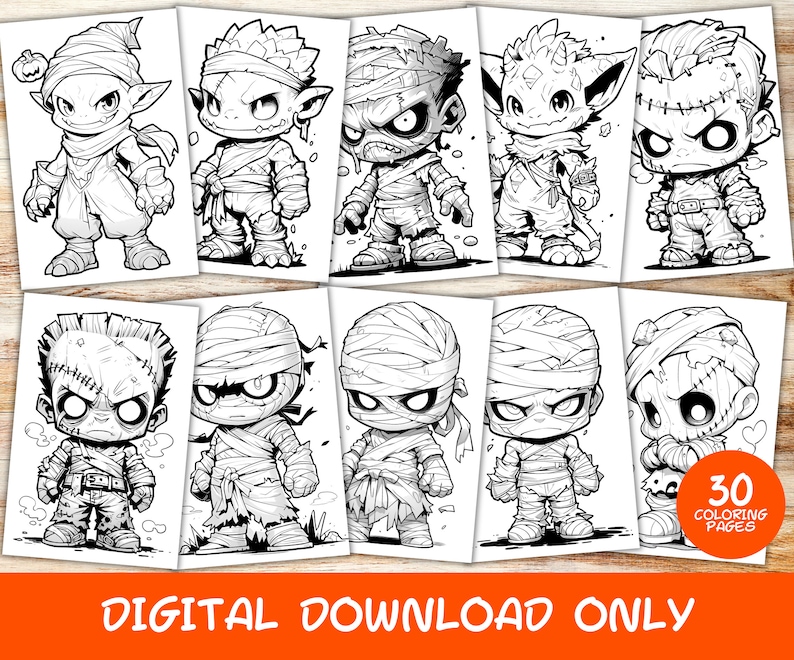 30 Halloween Monsters Volume 1 Coloring Pages Book, Adults, Instant ...