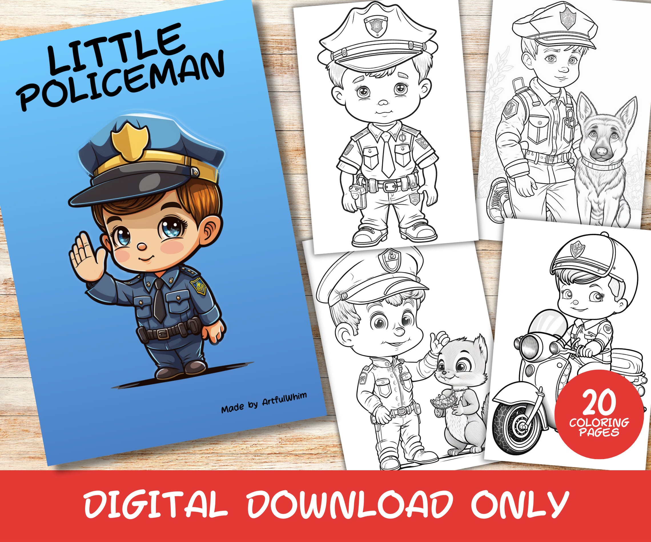 20 Little Policeman Coloring Pages Book, Kids, Instant Download Grayscale Coloring Page, Printable PDF, Policeman, Police, Children's
