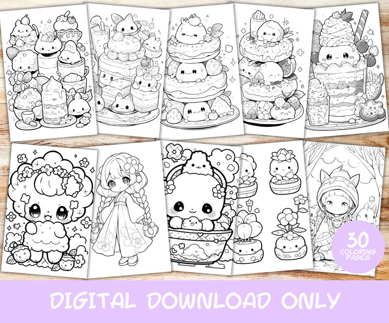 30 Kawaii Coloring Pages Volume 7, Kids, Adults, Instant Download Grayscale Coloring Page, Printable PDF, Cute kawaii, Digital Download image 4