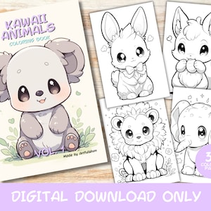 30 Kawaii Animals Volume 1 Coloring Pages Book, Kids, Adults, Instant Download Grayscale Coloring Page, Printable PDF, cute kawaii, animals