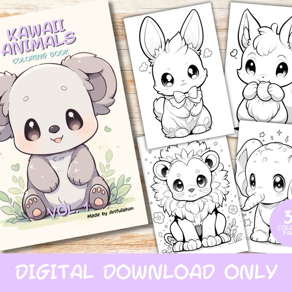 30 Kawaii Animals Volume 1 Coloring Pages Book, Kids, Adults, Instant Download Grayscale Coloring Page, Printable PDF, Cute Kawaii, Digital