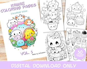 30 Kawaii Coloring Pages Volume 3, Kids, Adults, Instant Download Grayscale Coloring Page, Printable PDF, Cute kawaii, Digital Download