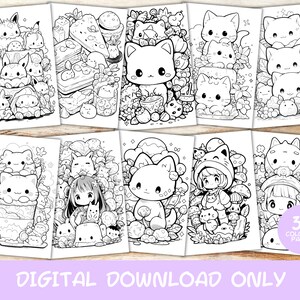 May include: A set of 30 black and white coloring pages featuring cute cartoon cats, animals, and characters. The pages are designed for adults and children who enjoy coloring.