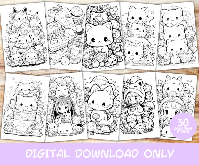 May include: A set of 30 black and white coloring pages featuring cute cartoon cats, animals, and characters. The pages are designed for adults and children who enjoy coloring.