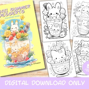80 Kawaii Summer Desserts Coloring Pages Book, Kids, Adults, Instant Download Grayscale Coloring Page, Printable PDF, Summer, Cute kawaii