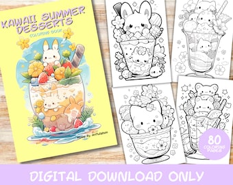 80 Kawaii Summer Desserts Coloring Pages Book, Kids, Adults, Instant Download Grayscale Coloring Page, Printable PDF, Summer, Cute kawaii