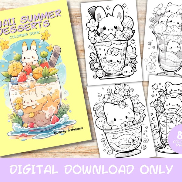 80 Kawaii Sommer Desserts Malvorlagen Buch, Kinder, Erwachsene, Sofort Download Graustufen Malseite, Printable PDF, Sommer, Niedlich kawaii