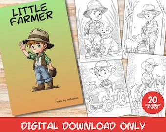 20 Little Farmer Coloring Pages Book, Kids, Instant Download Grayscale Coloring Page, Printable PDF, Farmer, Animals, Farm, Children&#39;s