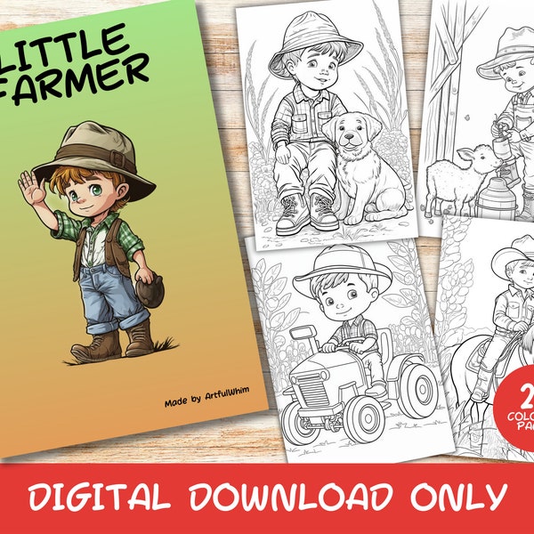 20 Little Farmer Coloring Pages Book, Kids, Instant Download Grayscale Coloring Page, Printable PDF, Farmer, Animals, Farm, Children's