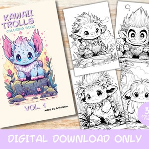 30 Kawaii Trolls Volume 1 Coloring Pages Book, Kids, Adult, Instant Download Grayscale Coloring Page, Printable PDF, cute kawaii, Trolls