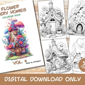 30 Flower Fairy Homes Volume 4 Coloring Pages Book, Kids, Adults, Instant Download Grayscale Coloring Page, Printable PDF, Hut, Cottages