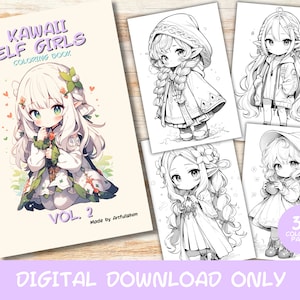 30 Kawaii Elf Girls Volume 2 Coloring Pages Book, Kids, Adult, Instant Download Grayscale Coloring Page, Printable PDF, cute kawaii, Elves