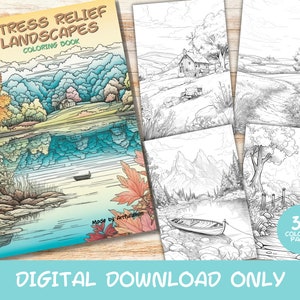 30 Stress Relief Landscapes Coloring Pages Book, Adults, Instant Download Grayscale Coloring Page, Printable PDF, Anxiety Relief