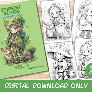 Könnte beinhalten: Ein digitales Malbuch mit 30 Seiten Illustrationen von Waldelfen. Das Cover zeigt ein grünhäariges Elfenmädchen mit einer Krone aus Blättern und Blumen, das ein kleines Tier hält. Das Buch trägt den Titel "Forest Elves Coloring Book" und "Vol. 1".