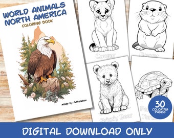 30 World Animals North America Coloring Pages Book with Names, Kids, Instant Download Grayscale Coloring Page, Printable PDF, Animals