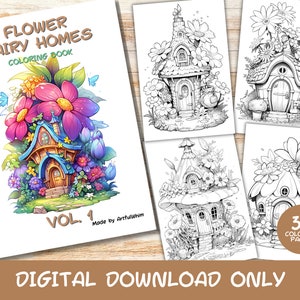 30 Flower Fairy Homes Volume 1 Coloring Pages Book, Kids, Adults, Instant Download Grayscale Coloring Page, Printable PDF, Hut, Cottages