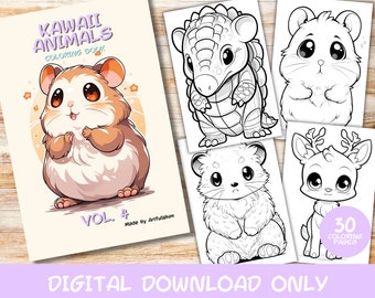 May include: A digital download coloring book featuring 30 pages of cute animal illustrations. The cover features a hamster with big eyes and a pink nose. The title of the book is "Kawaii Animals Coloring Book Vol. 4" and is made by ArtfulWhim.