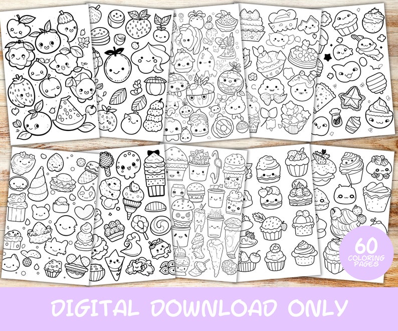 60 Kawaii Easy Doodles Coloring Pages Book Kids Adults - Etsy UK