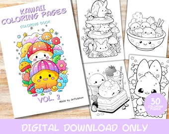 30 Kawaii Coloring Pages Volume 2, Kids, Adults, Instant Download Grayscale Coloring Page, Printable PDF, Cute kawaii, Digital Download