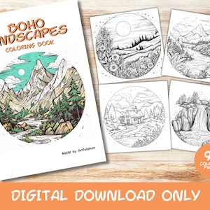 90 Boho Landscapes Coloring Pages for Adults,Instant Download Grayscale Coloring Page, Printable PDF, Boho Coloring Pages