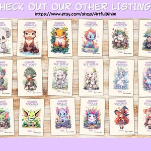 May include: A collection of 18 coloring book covers featuring various kawaii characters, including animals, elves, fairies, goblins, trolls, and witches. Each cover has a different character and a title with the words "Kawaii" and the character type, such as "Kawaii Animals" or "Kawaii Fairies". The covers are arranged in a grid pattern on a wooden background.