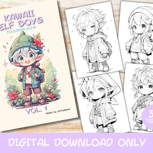 30 Kawaii Elf Boys Volume 1 Coloring Pages Book, Kids, Adult, Instant Download Grayscale Coloring Page, Printable PDF, cute kawaii, Elves