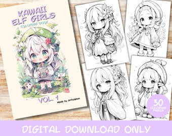 30 Kawaii Elf Girls Volume 1 Coloring Pages Book, Kids, Adult, Instant Download Grayscale Coloring Page, Printable PDF, cute kawaii, Elves