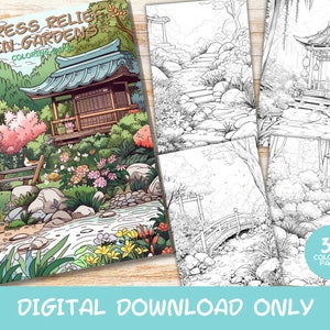 30 Stress Relief Zen Gardens Coloring Pages Book, Adults, Instant Download Grayscale Coloring Page, Printable PDF, Anxiety Relief