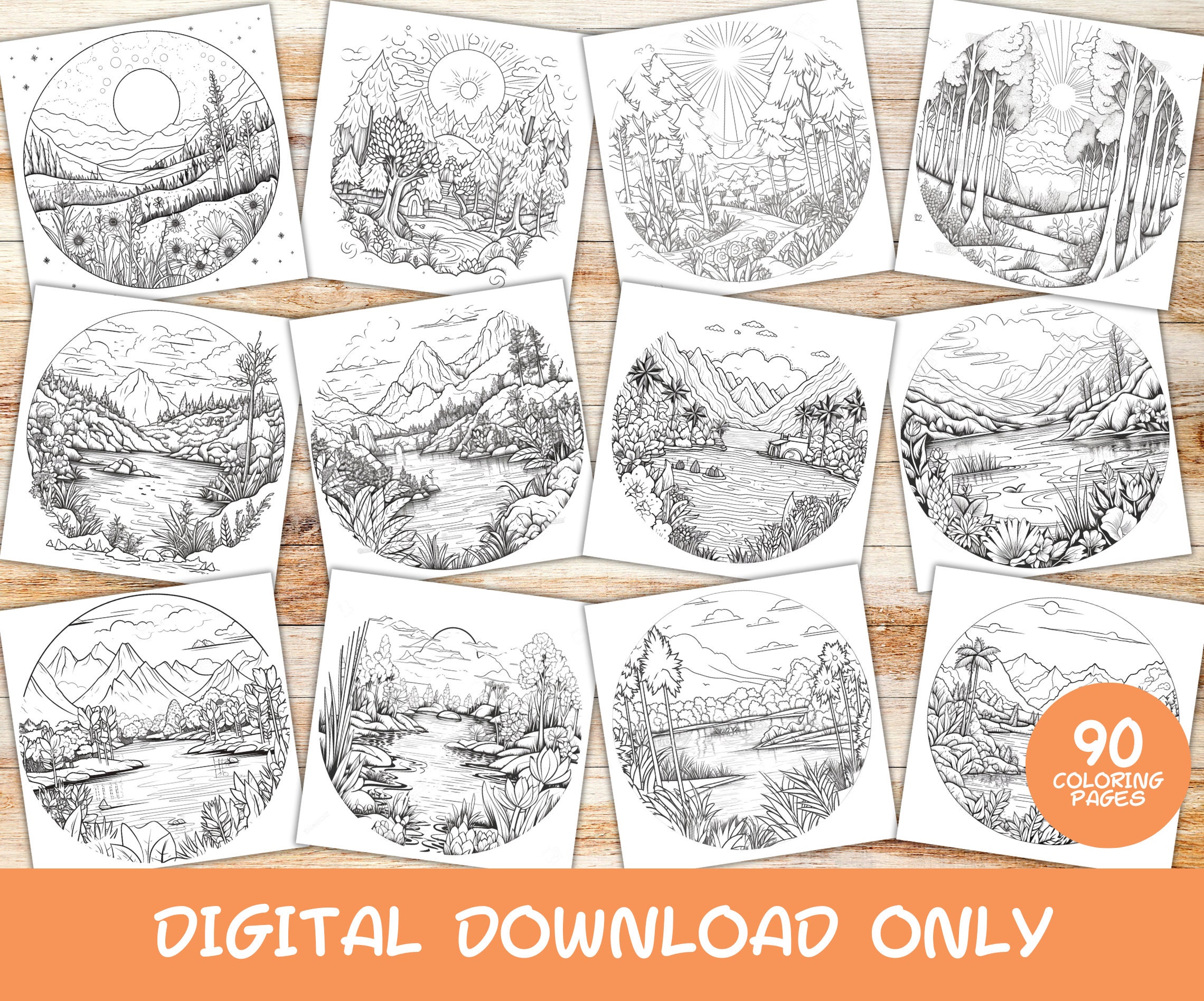 90 Boho Landscapes Coloring Pages for Adults,instant Download Grayscale ...