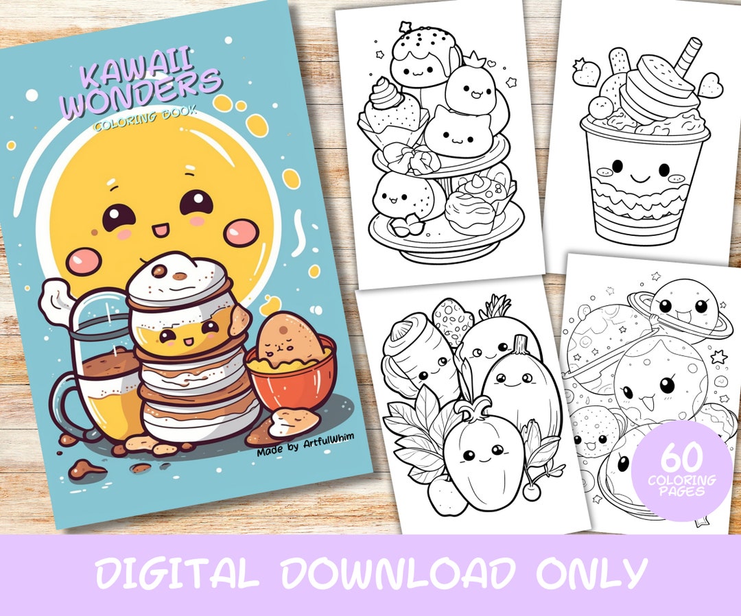 60 Kawaii Wonders Coloring Pages Book, Kids, Adults, Instant Download