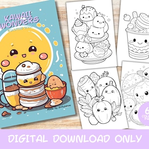 Libro de 60 Páginas para colorear Kawaii Wonders, Niños, Adultos, Descarga instantánea, Páginas para colorear Kawaii, PDF imprimible, Mágico, lindo kawaii