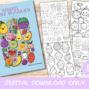 60 Kawaii Easy Doodles Coloring Pages Book, Kids, Adults, Instant Download Grayscale Page, Printable PDF, cute kawaii coloring pages