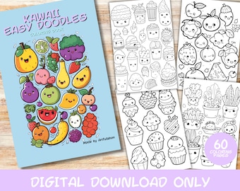 60 Kawaii Easy Doodles Coloring Pages Book, Kids, Adults, Instant Download Grayscale Page, Printable PDF, cute kawaii coloring pages