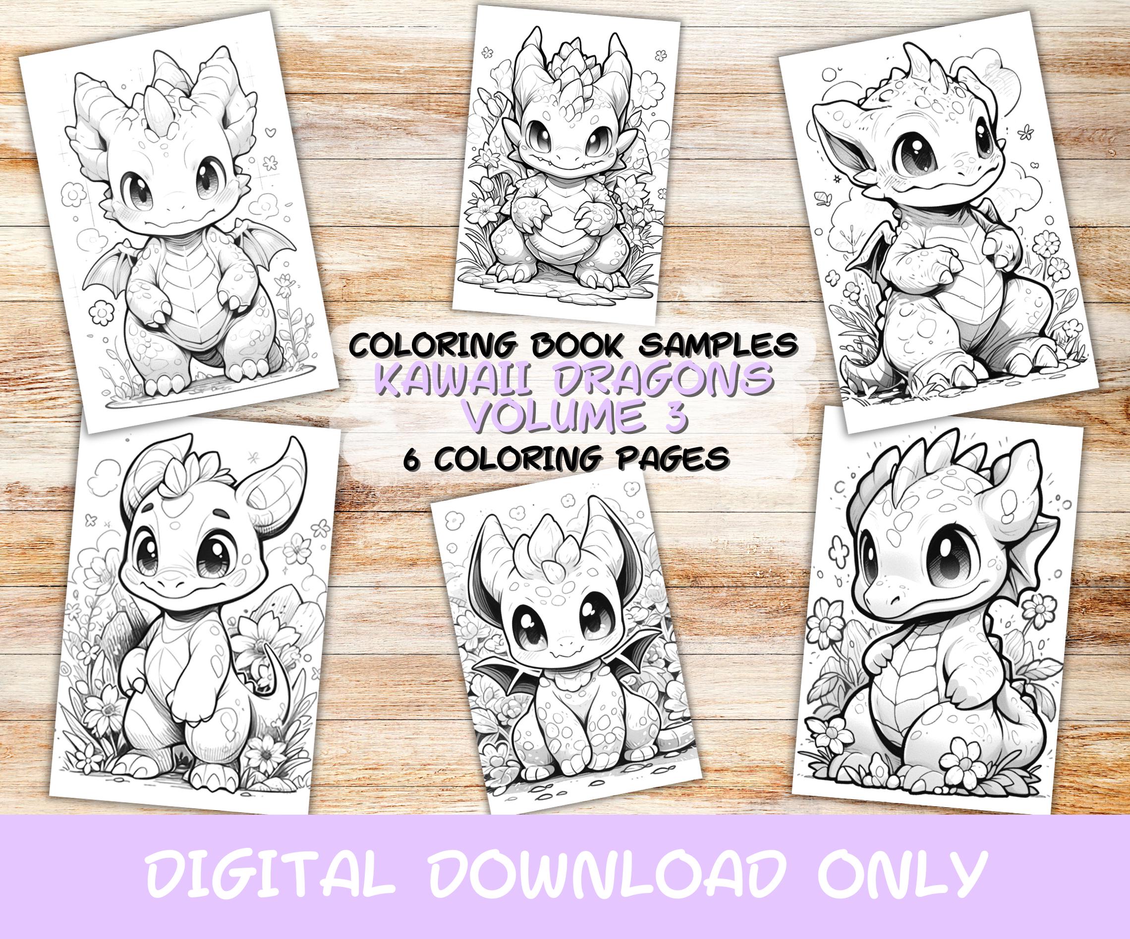 6 Samples Kawaii Dragons Coloring Pages Volume 3 by ArtfulWhim, Kids,  Adults, Instant Download Grayscale Page, Printable PDF, Cute, Digital, image size:2280x1896