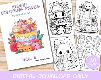 30 Kawaii Coloring Pages Volume 4, Kids, Adults, Instant Download Grayscale Coloring Page, Printable PDF, Cute kawaii, Digital Download
