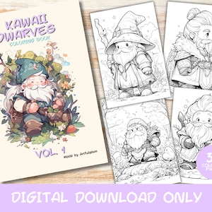 30 Kawaii Dwarves Volume 1 Coloring Pages Book, Kids, Adult, Instant Download Grayscale Coloring Page, Printable PDF, cute kawaii, Dwarves