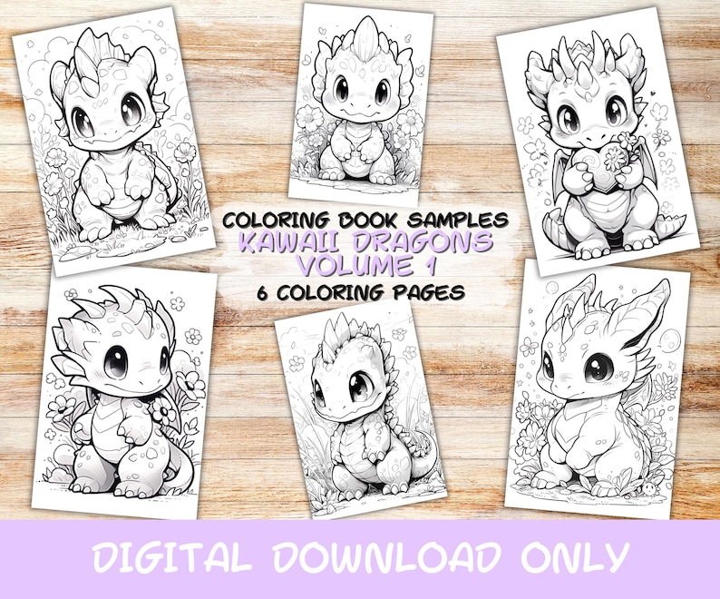 6 Samples Kawaii Dragons Coloring Pages Volume 1 by Artfulwhim, Kids ...