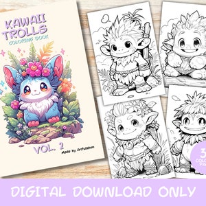 30 Kawaii Trolls Volume 2 Coloring Pages Book, Kids, Adult, Instant Download Grayscale Coloring Page, Printable PDF, cute kawaii, Trolls