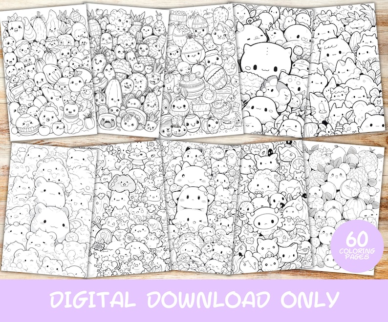 Master Coloring 60 Kawaii Doodle Master Coloring Pages Book, for Adults, Instant ...
