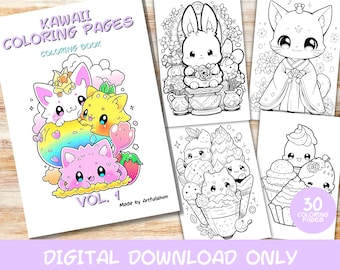 30 Kawaii Coloring Pages Volume 1, Kids, Adults, Instant Download Grayscale Coloring Page, Printable PDF, Cute kawaii, Digital Download