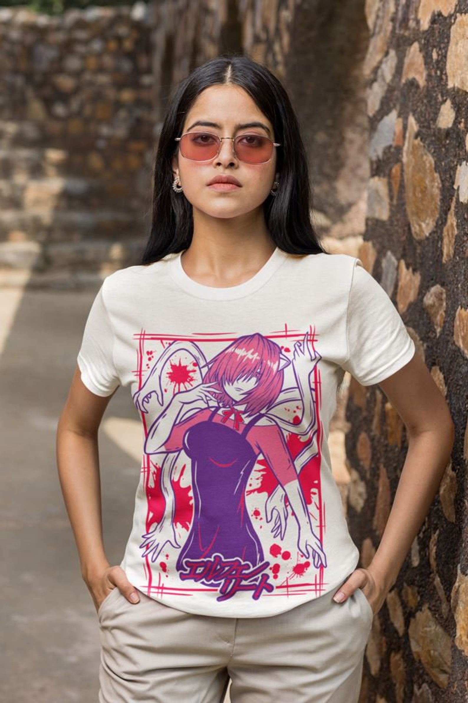 ユニセックスエルフェンリートルーシーアニメTシャツ、にゅう、楓 
