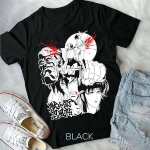 May include: Black t-shirt with a white graphic print of a scene from the anime "Fist of the North Star". The graphic features three characters, including Kenshiro, with blood splatters and Japanese text. The text on the shirt reads "Black".